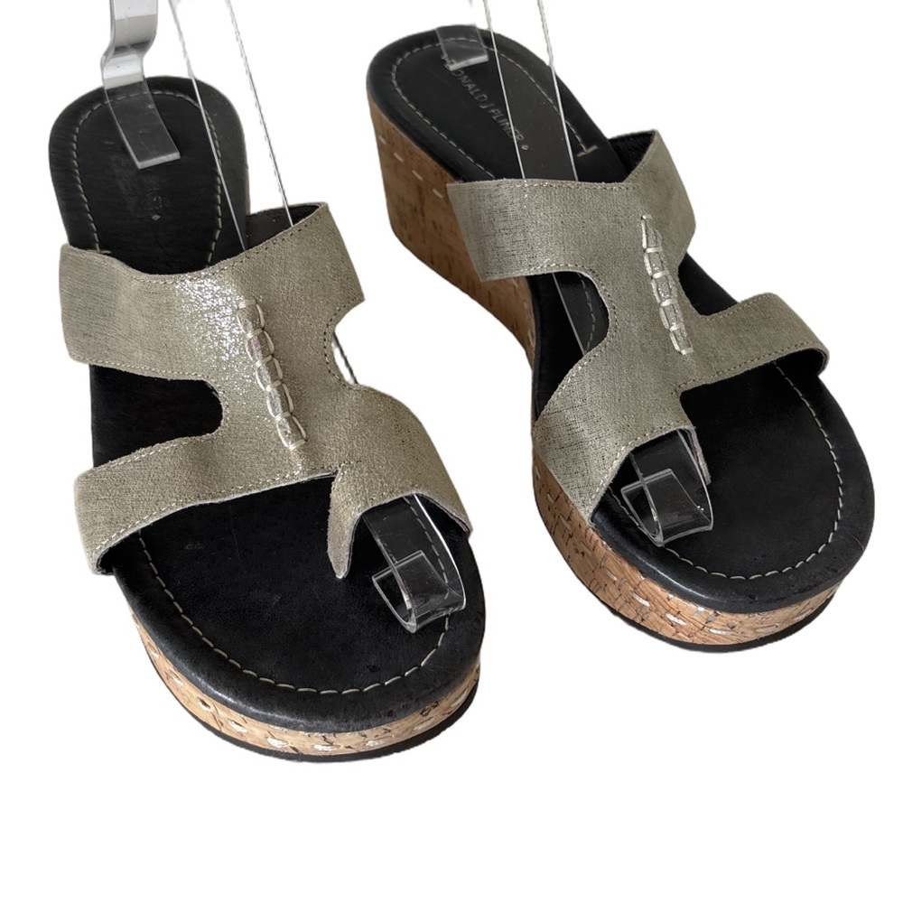 Donald Pliner Shelee2 Metallic Silver Cork Wedge Sandals Size 10 Leather Suede